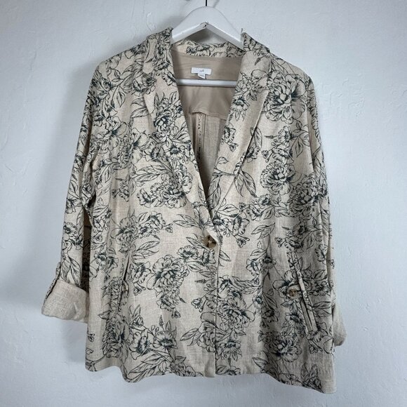 J. Jill Womens Floral Print Single Button Blazer Jacket Small Linen Blend Beige - Picture 1 of 9